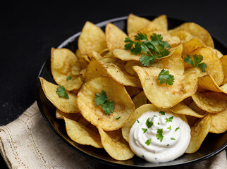Potato chips with sour cream and parsley on a black background