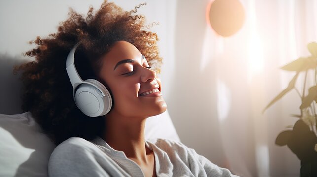 Smiling mid aged african woman listening to music with headphones while relaxing on bed at home, meditating