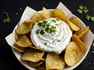 Potato chips with sour cream and parsley on a black background