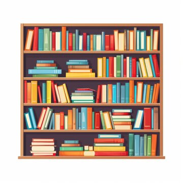 Bookshelf flat cartoon illustration on white background. Bookshelves full of books both in the library