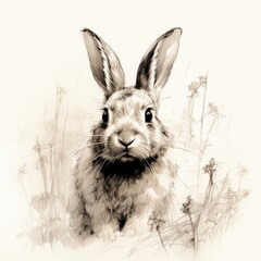 Bunny illustration gravure style. Easter concept on white background. For card or child book print.