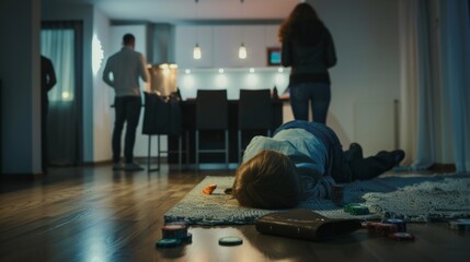 a family at home, father standing apart, their back turned, looking at their phone. In the foreground, a child lies forgotten, symbolizing neglected responsibilities, no trust with gambling