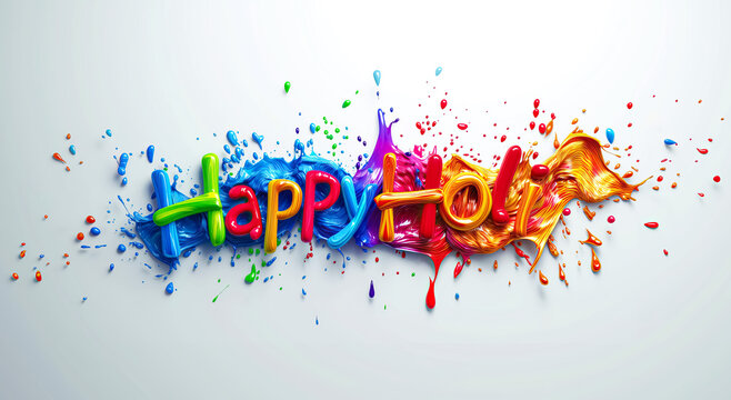 happy holi 3d text with colorful vibrant paint splatters on white background