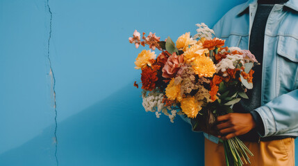 A person's hand is holding a large bouquet of flowers against a blue wall. The concept of congratulations