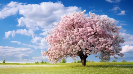 Spring time in nature with blooming tree. Blossoming cherry sakura tree on a green field with a blue sky and clouds - obrazy, fototapety, plakaty