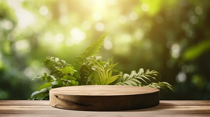 Table top wood counter floor podium in nature outdoors tropical forest garden blurred green jungle plant background.natural product present placement pedestal stand display,spring or summer concept - obrazy, fototapety, plakaty