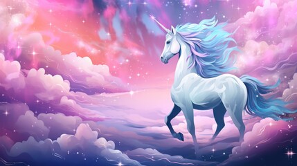 Majestic unicorn in a mystical pink and blue galaxy with twinkling stars