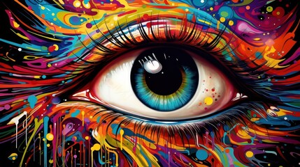 Vibrant artistic representation of an eye with psychedelic colors and patterns
