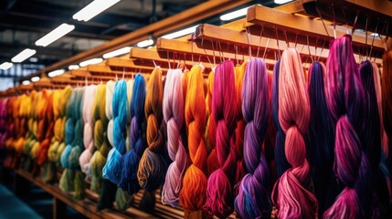 Array of colorful silk yarn skeins displayed on a wooden rack