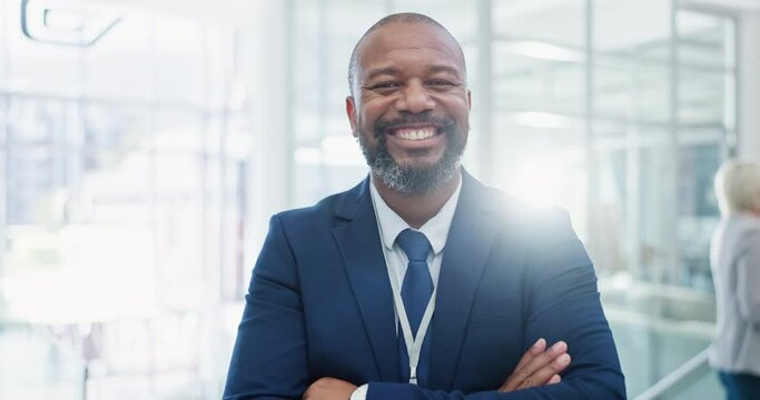 Pharmaceutical representative, face or salesman in clinic or hospital with arms crossed for medicine. Mature, black man or happy African healthcare medical officer with confidence, pride or smile