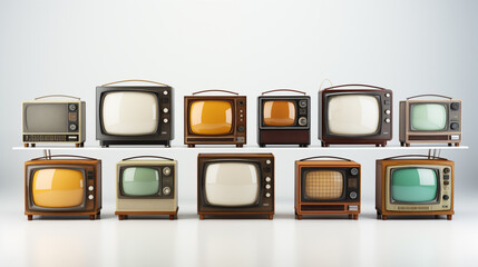 Collection of Vintage Television Sets Arranged in a Row on a Neutral Background