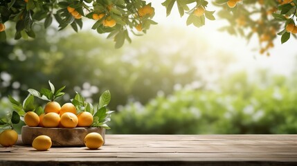 Tree Table wood Podium in farm display for food, perfume, and other products on nature background, Table in farm with orange tree and grass, Sunlight at morning - obrazy, fototapety, plakaty