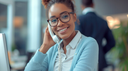 A smiling woman in an office is happily speaking on a telephone, likely engaging in a cheerful customer service conversation. - obrazy, fototapety, plakaty