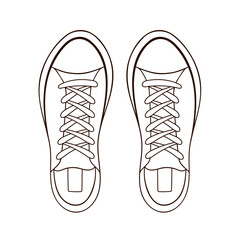 Sneaker shoe for man and woman icon in line art style. Minimalistic outline logo for shoes shop. Vector illustration isolated on a white background.