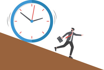 Run out of time, work deadline, time countdown or time management concept, tried businessman running away from falling rolling huge clock down hill.

