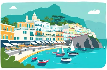 Poster Retro Poster Italy, mediterranean romantic landscape, mountains, seaside town. Travel poster.  © edelweiss7227