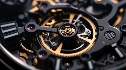 A detailed shot captures the mechanical gears of a Swiss watch up close.