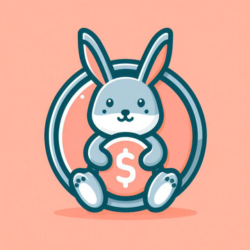 Marvel at the sight of a darling bunny sitting on top of a coin, showcasing a rabbit coin logo. Its big eyes and lovable personality make this 3D rendering cartoon character truly captivating.