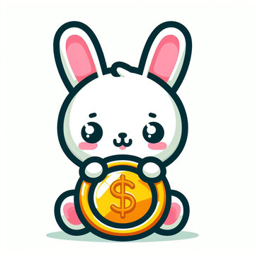 Feast your eyes on a precious bunny perched on a coin, displaying a rabbit coin logo. With its big eyes and lovable charm, this 3D rendering cartoon character is absolutely adorable.