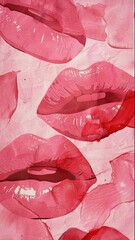 Vertical pattern with a lipstick kiss prints pink background, watercolor lips.