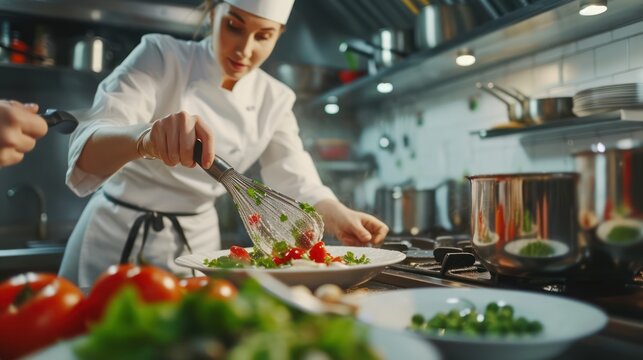 In the image, a young female chef is seen whisking ingredients next to the head cook.