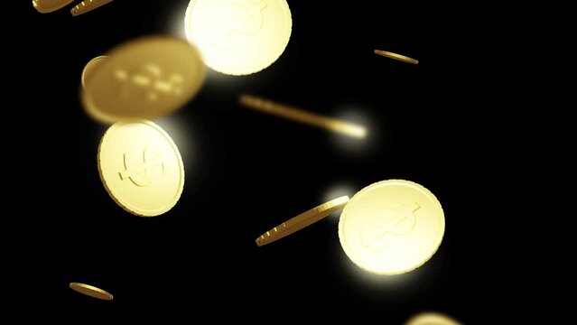 A falling sparkling gold coin rain with a dollar sign on a black background