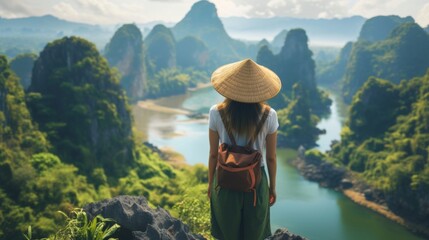 A young woman stands with her back and admires the view of the Asia. A traveler traveling on vacation in the most beautiful place in the world. Summer vacation - obrazy, fototapety, plakaty