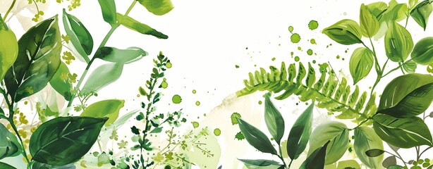 Spring web banner, green floral watercolor invitation, natural botanical design background