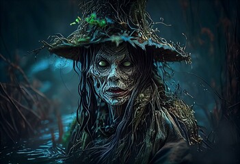 Halloween swamp witch ghost terror. Generative AI