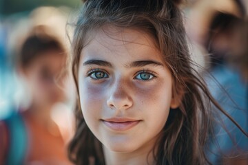 Portrait of a cute little girl with long hair and blue eyes