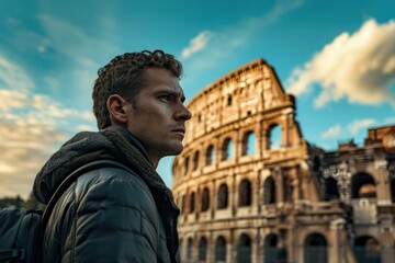 Fototapeta na wymiar Young man in front of Colosseum in Rome, Italy