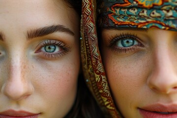 Close-up portrait of two beautiful young women in headscarf - obrazy, fototapety, plakaty