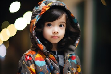 Portrait of a cute little girl in a raincoat and hood