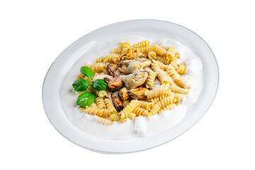 fusilli pasta with mussels seafood Mediterranean cuisine tasty fresh eating cooking appetizer meal food snack on the table copy space food background rustic top view