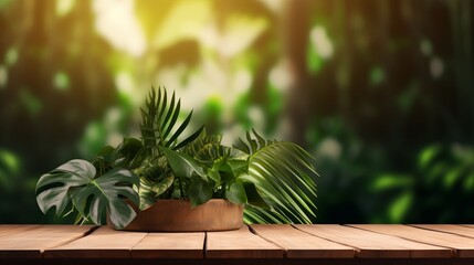 Wood podium table top outdoors blur green monstera tropical forest plant nature background.Beauty cosmetic healthy natural product placement pedestal display,spring or summer jungle paradise