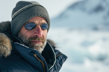 Fototapeta na wymiar Portrait of a bearded man in sunglasses on the background of an ice floe
