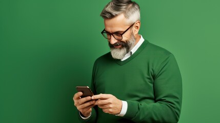 A man in his middle age is using a mobile phone against a green backdrop.