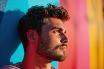 Portrait of a handsome young man looking away while standing against colorful background