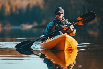 Man kayaking on the lake. Sport and active life concept. - obrazy, fototapety, plakaty