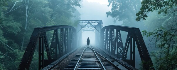 misty forest railway bridge with a solitary woman walking, evoking a sense of solitude and mystery.