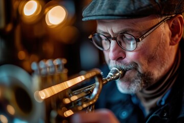 Senior man playing the trumpet in a night club, close-up