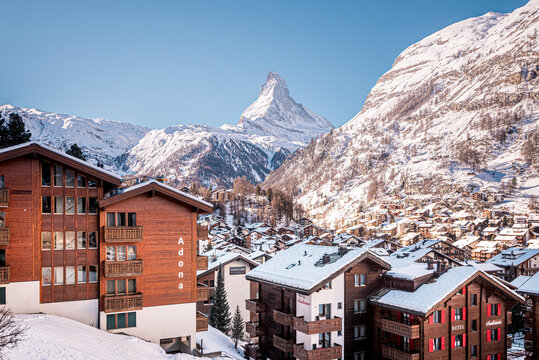 matterhorn landscape with snow covered mountains in switzerland with zermatt ski resort in foreground