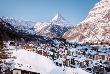 matterhorn landscape with snow covered mountains in switzerland with zermatt ski resort in...