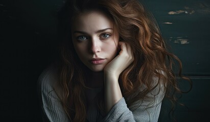 A pensive woman is captured against a dark background.