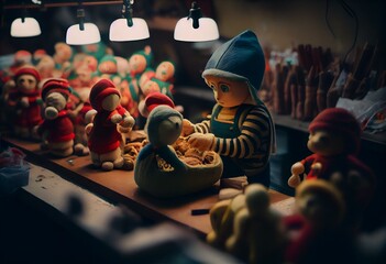 In the Christmas toy factory, elves are busy making toys. Some elves are painting dolls, some are sculpting clay figures of Santa Claus, and some are sewing teddy bears. The workshop. Generative AI - obrazy, fototapety, plakaty