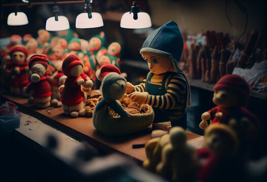 In the Christmas toy factory, elves are busy making toys. Some elves are painting dolls, some are sculpting clay figures of Santa Claus, and some are sewing teddy bears. The workshop. Generative AI