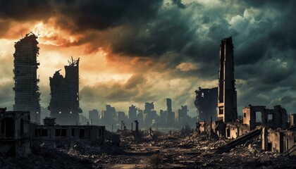 post-apocalyptic city in ruins  - obrazy, fototapety, plakaty