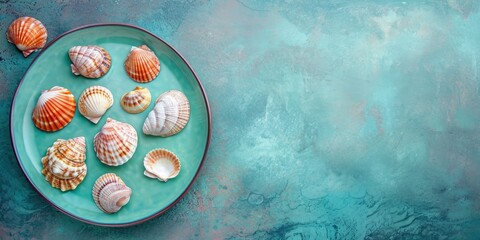 Obraz na płótnie Canvas Blue, turquoise plate adorned with seashells, evoking essence of summer, sea, ocean. Capturing spirit of perfect vacation. Background featuring various blue shades, ample space for text. Card, banner.