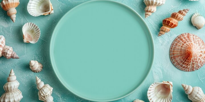 Blue, turquoise plate adorned with seashells, evoking essence of summer, sea, ocean. Capturing spirit of perfect vacation. Background featuring various blue shades, ample space for text. Card, banner.