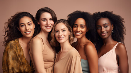 Sisterhood, a group of confident, supportive women on a pink background